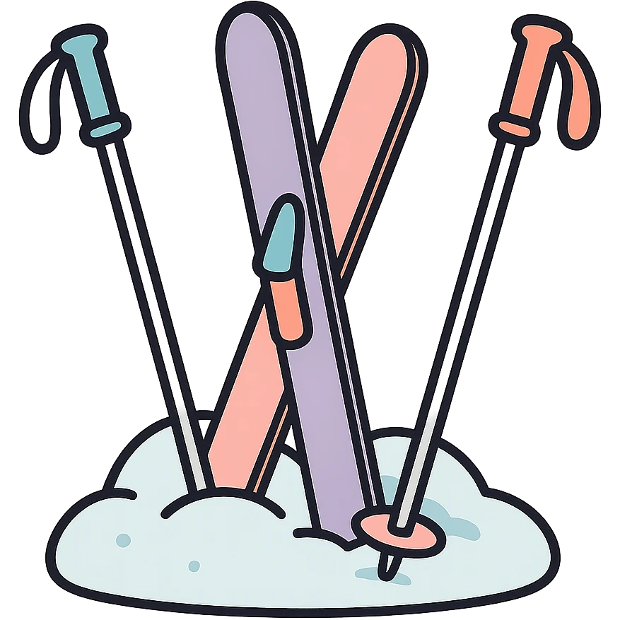 cross-country skis and poles on the sides, all stuck at different angles into a snowdrift, detailed shading, thin clean outlines, soft rounded features, pastel palette #98B5BC #B5B3C1 #C9A3C9 #E4C0CA #F7DCD1 #F7C0AA, Japanese pop art, sticker look, highly detailed, vector clarity, soft lighting, subtle shadows, transparent background emoji