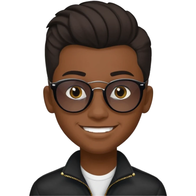 14 year old Mexican with a black pompadour with the left side of his hair a little bit on the face grinning with sunglasses emoji