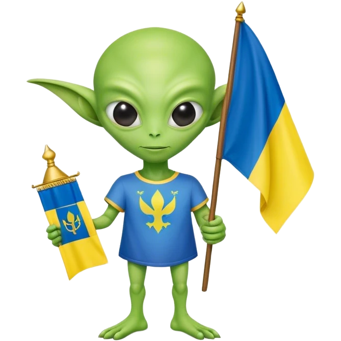 Green alien in Shirt 👚 with 🇺🇦 Ukraine flag in a hand and 🇷🇺 Russia flag emoji