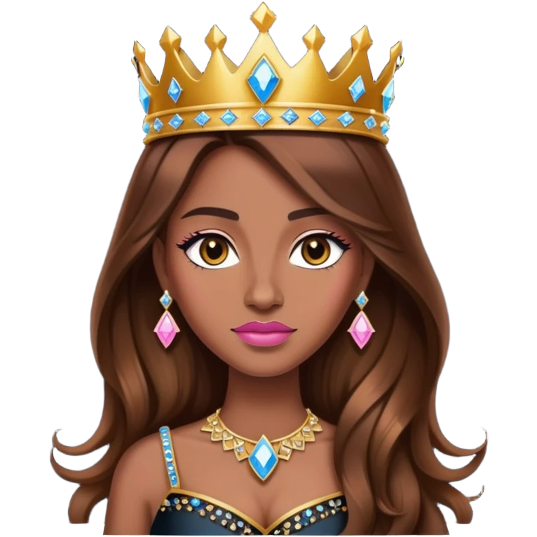 Queen, brown long hair, golden crown encrusted with pink and blue diamonds, black dress emoji