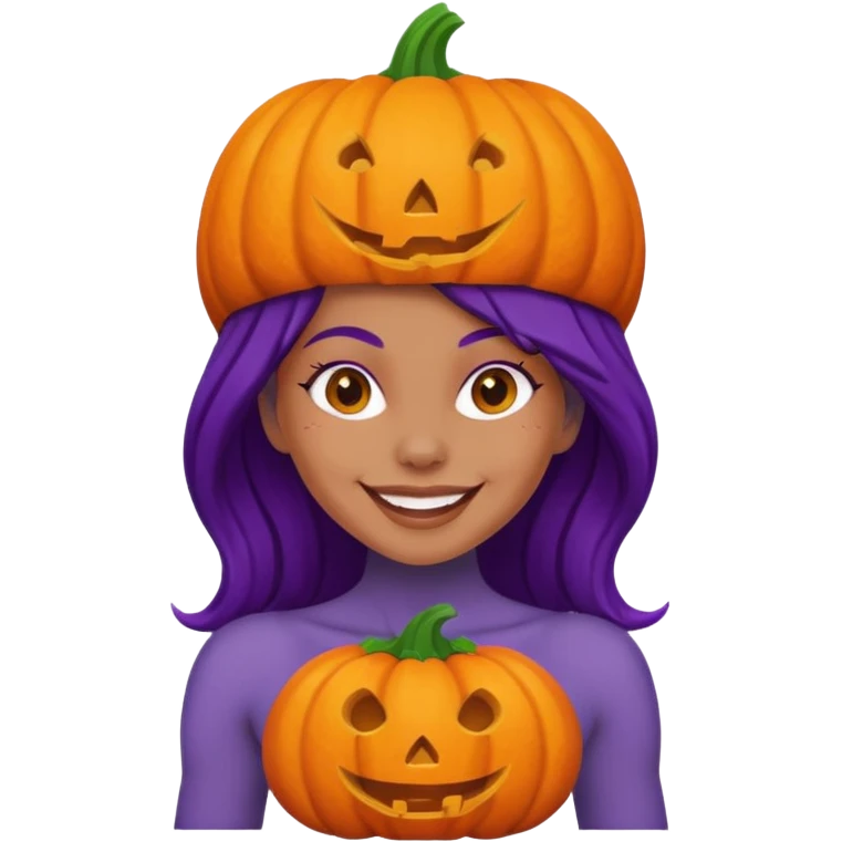 A naked woman with bare chest wears a carved pumpkin on its head with purple skin emoji