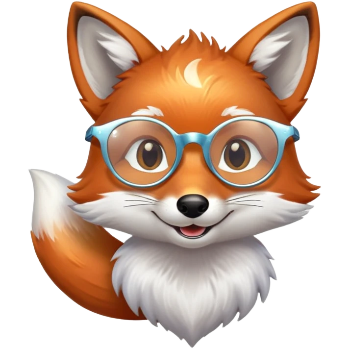 A gentle fox with iridescent fur, a glowing tail, a silver star on its forehead, and round glasses, smiling softly with closed, happy eyes. 🦊😊 emoji