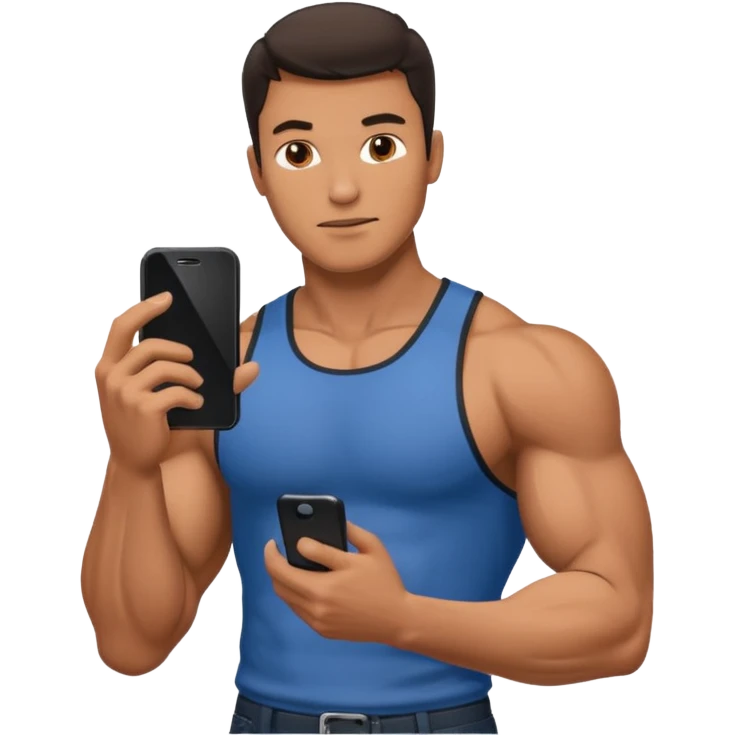 Mec musclé avec un téléphone dans les mains qui navigue sur so téléphone emoji