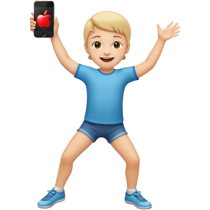 happy child dancing with a phone, arms and legs wide, apple style emoji emoji
