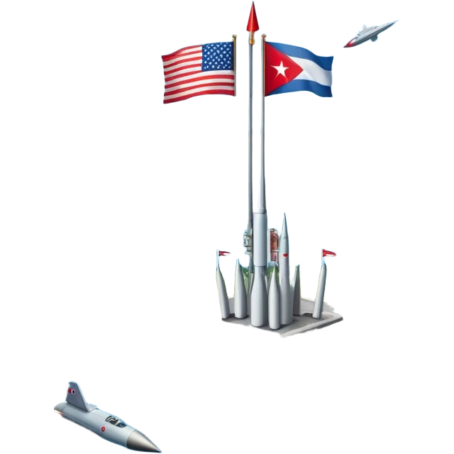 Cuba during the Cold War with Cuban island in the center, US and USSR flags on either side, missiles, tense atmosphere emoji