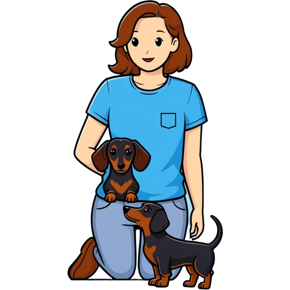 black dachshund with a girl in a blue t-shirt and brown hair emoji