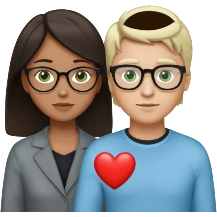 la mujer es piel morena clara con pelo oscuro con ojos cafes sin lentes la ropa negra, el homre es de test blanca con gafas y pelo rubio ojos verdes y la ropa de color gris y el corazon que sostienen debe ser azul claro emoji