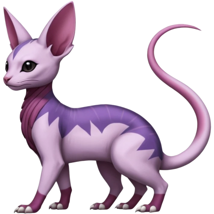 Purple, white, black, Minccino-Nidoran-Sphynx-Lykoi-Linoone-Zangoose-fusion-hybrid-animal-Fakémon-creature, full body, thin long sleek scaly tail, intricate markings emoji