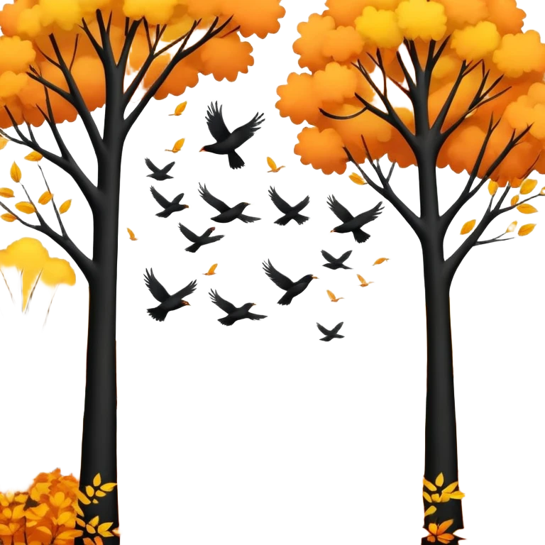 a flock of birds flying above trees with orange and yellow leaves, autumn scene emoji