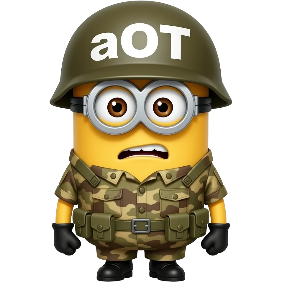 Minion in army uniform at attention on guard duty text on helmet aOT emoji