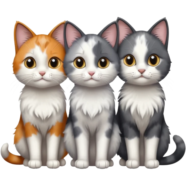 3 different coloured small cats including a dark grey and white, and a patchy calico and a solid grey with only white paws emoji