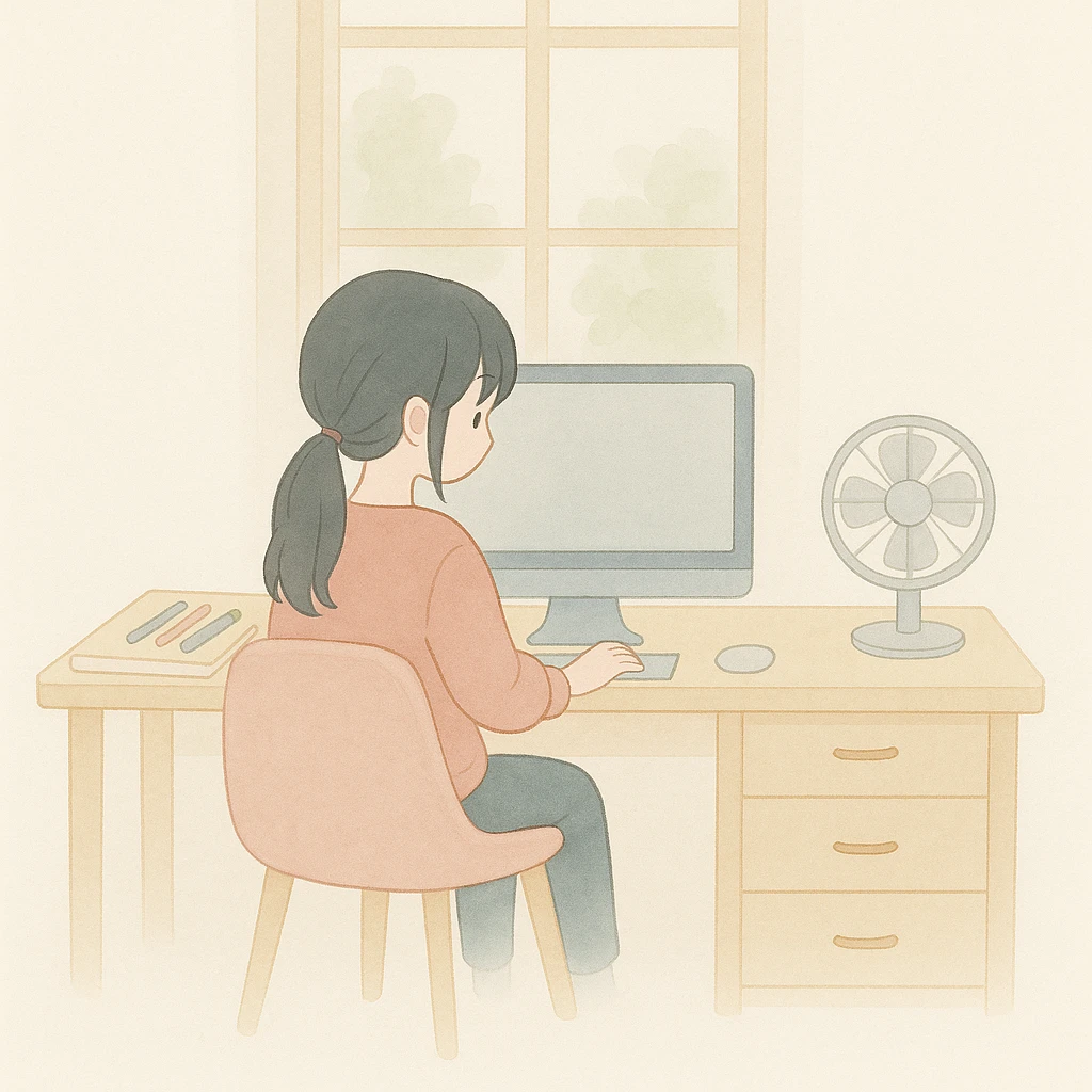 Add three pens on the notebook on the desk. Maintain the soft watercolor illustration style with pastel colors, delicate linework, a gentle, whimsical mood, anime-inspired features, and minimal, soft shading. emoji