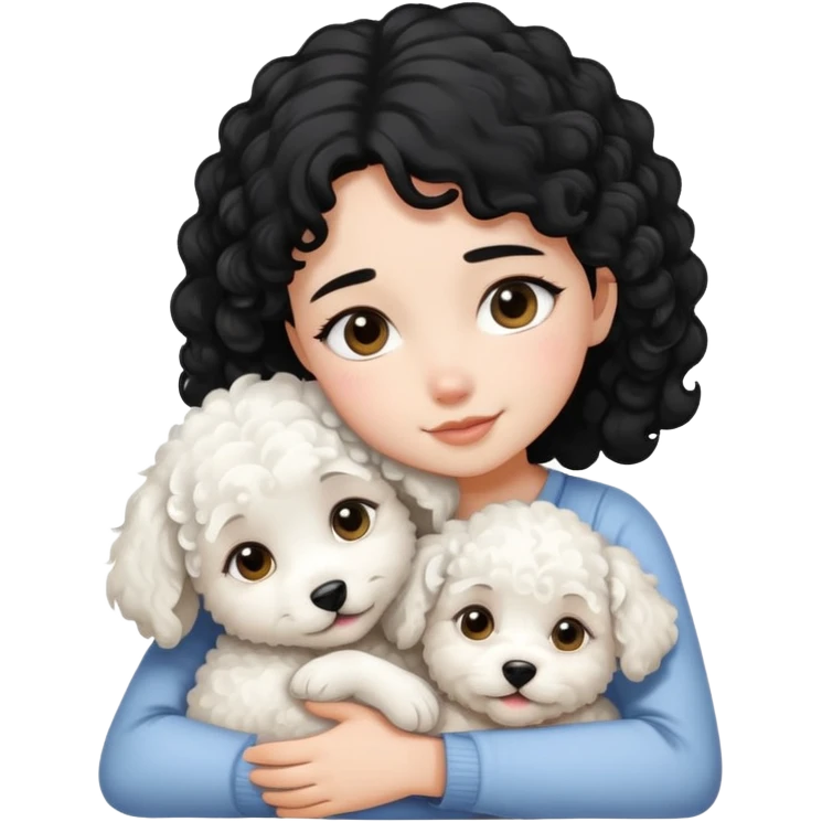 A black-haired girl hugs a white curly-haired puppy emoji