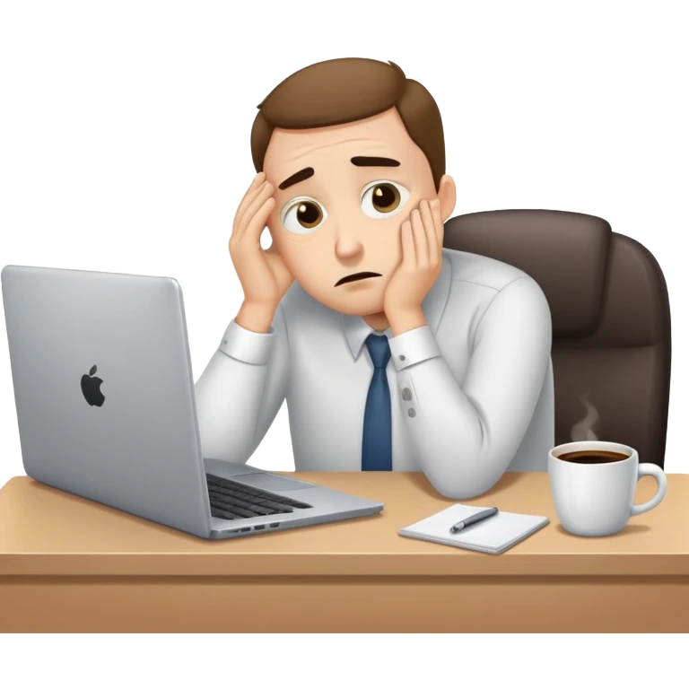 exhausted office worker slumped at desk with dark circles under eyes, laptop and coffee emoji