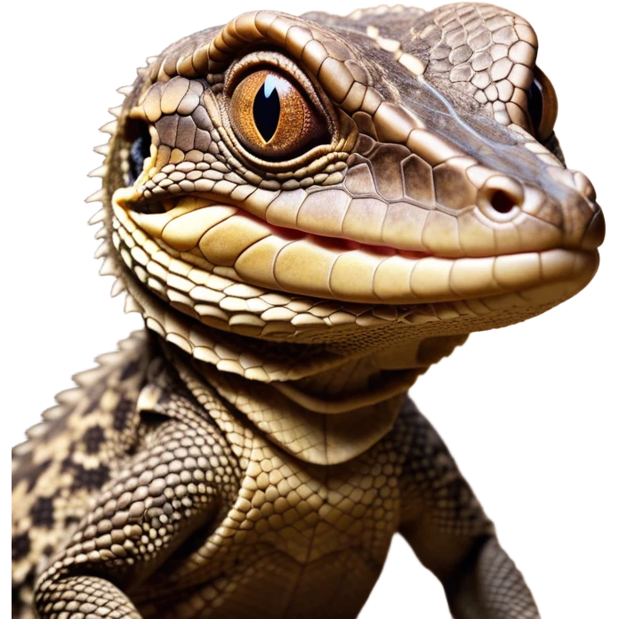 Cinematic Comical brown camo spotted monitor Lizard Portrait Emoji, Head tilted dramatically with an exaggeratedly shocked expression, featuring a robust, patterned body with wide, comically expressive eyes full of humorous disbelief, Simplified yet hilariously expressive features, highly detailed, glowing with a slightly sassy glow, high shine, dramatic yet playful, stylized with an air of quirky reptilian attitude, soft glowing outline, capturing the essence of a meme-worthy brown camo spotted monitor lizard that looks ready to side-eye its way into viral fame! emoji