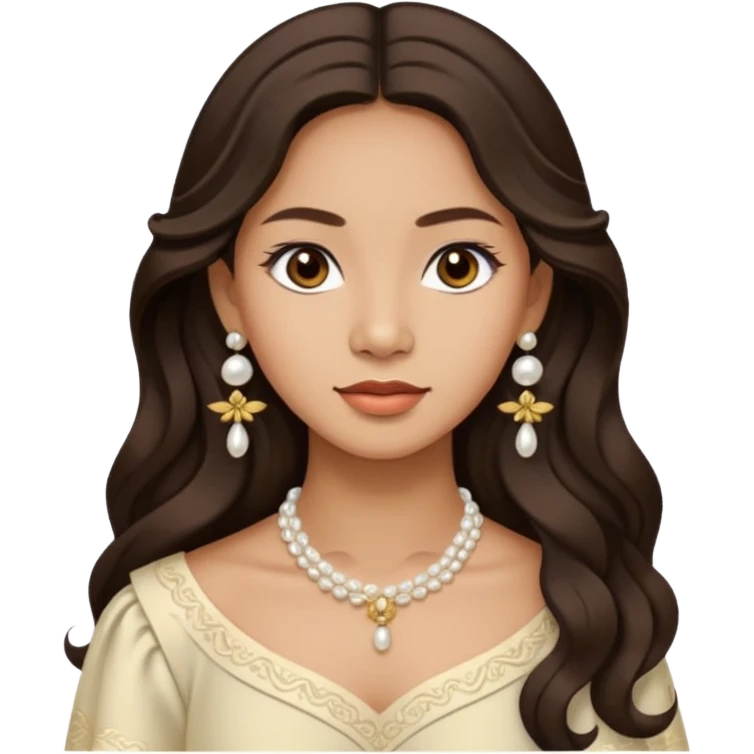 Tan Filipino woman with dark brown eyes and long dark wavy hair parted in the middle wearing a traditional filipiniana and white pearl stud earrings and no other jewelry emoji