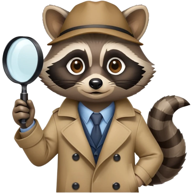 Raccoon private investigator with trenchcoat and magnifying glass emoji