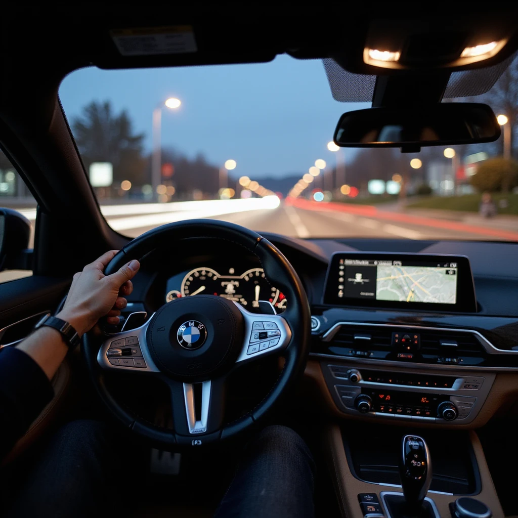BMW Series 7 2024, photorealistic cockpit view from the driver's perspective, left hand on the steering wheel, night in Bucharest, city lights and motion blur outside, highly realistic emoji