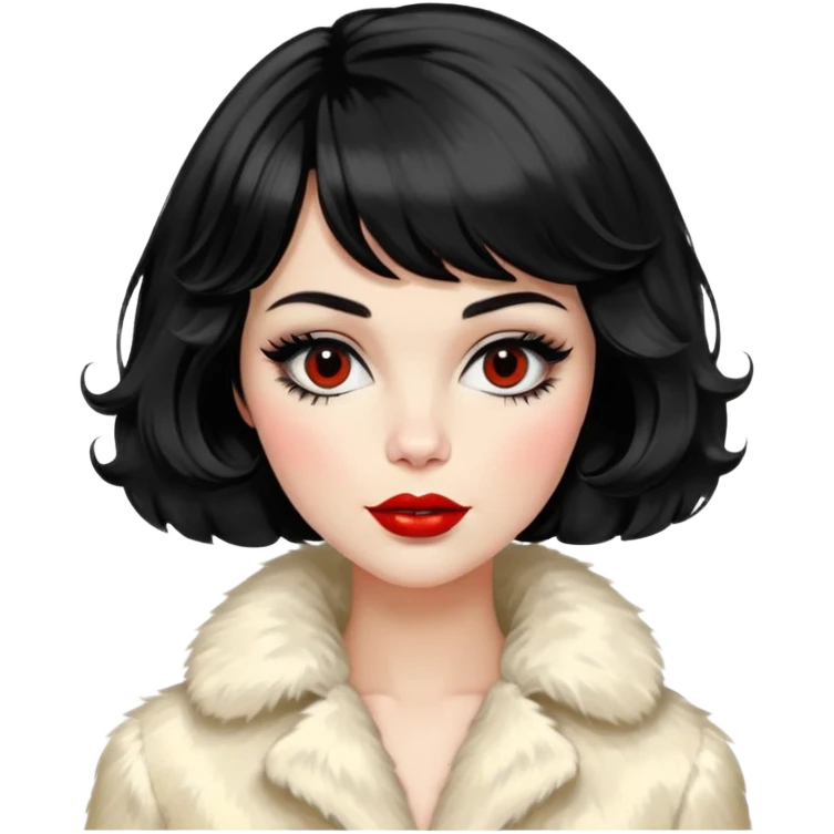 Alluring 1960's mod French girl french shiny black wavy textured bob haircut tousled hair red lips wearing cream fur coat emoji