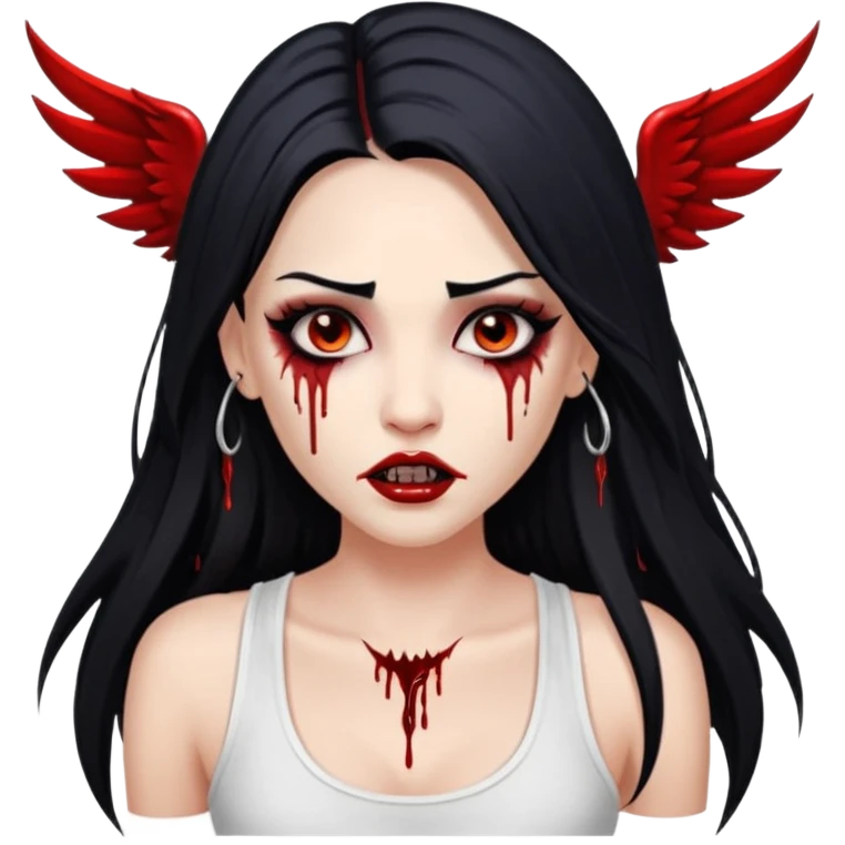 White woman with a white tank top long black hair glossy middle part long hair vamp look with fangs or blood dripping down lips brown eyes eyeliner winged with lashes top and bottom white border emoji