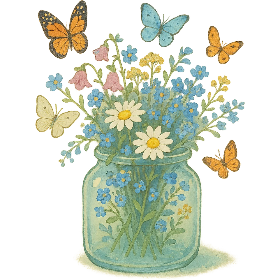 glass jar filled with forest flowers and butterflies, dreamy soft ghibli style emoji