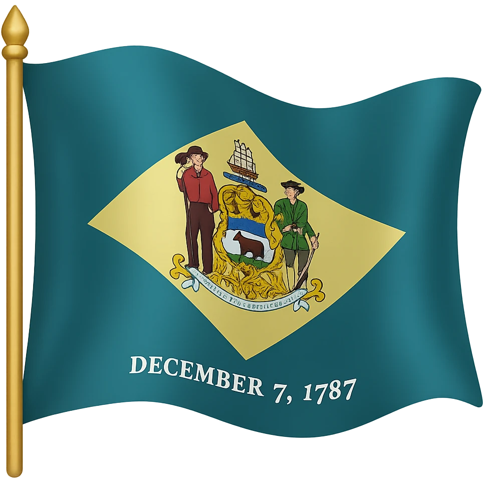 Add a waving flag effect to the Delaware flag with 1787 date and state seal, in the style of emoji (apple style emojis). The flag should have no background. emoji