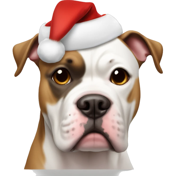 White & brown American bulldog  with a brown circle around left eye with an santa hat on emoji