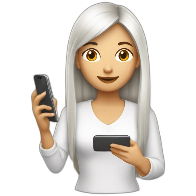 Mujer blanca  joven de pelo largo color castaño  chateando en un celular emoji