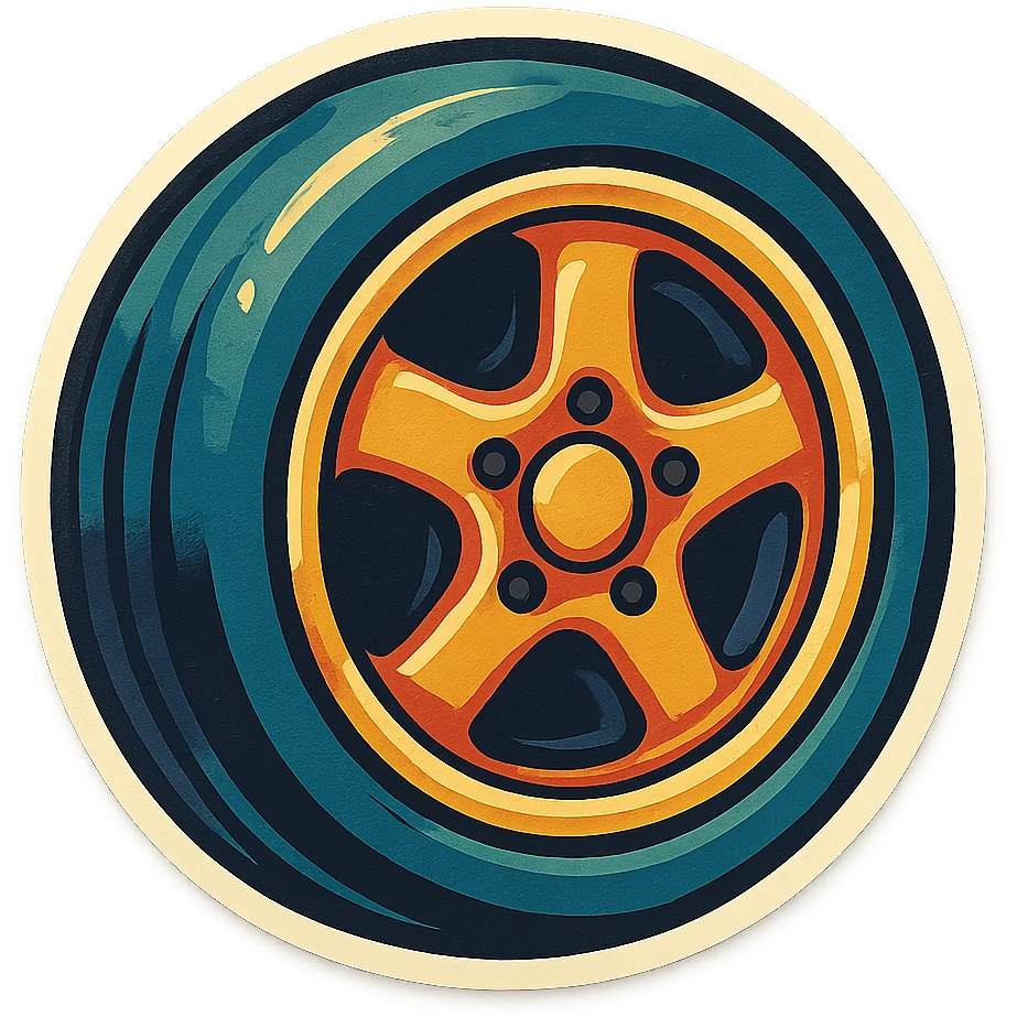 car wheel with bold outlines, vintage color palette, playful and nostalgic look emoji