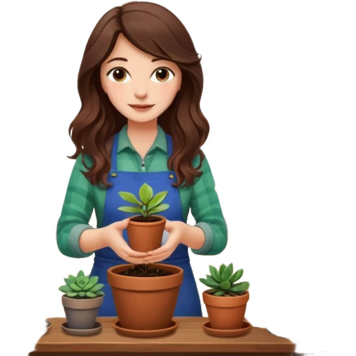 
Close-up of a woman with long, wavy brown hair planting a seedling in a pot. Surrounding her are plants and succulents with vibrant leaves and flowers. Sunlight filters through the window, casting soft shadows. A cozy interior space with gardening tools on a wooden table. emoji