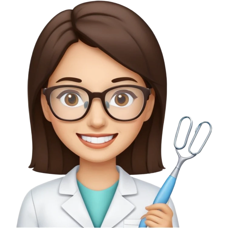 Brunette dentist wearing glasses and smiling emoji