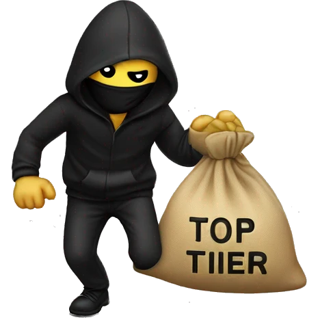 Thief wearing all black clothes actively stealing a money bag with the words Top Tier embroidered on it emoji