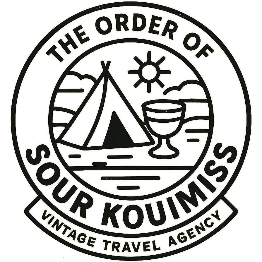 A black and white 90s-style logo for 'The Order of Sour Koumiss' with a vintage travel agency vibe, featuring a minimalist design emoji
