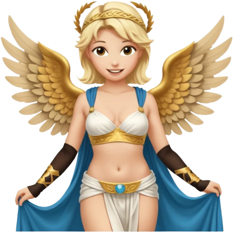Sexy, edgy, smiling, blond woman, who is a winged, sensual goddess dressed in a very scantily revealing greek toga emoji
