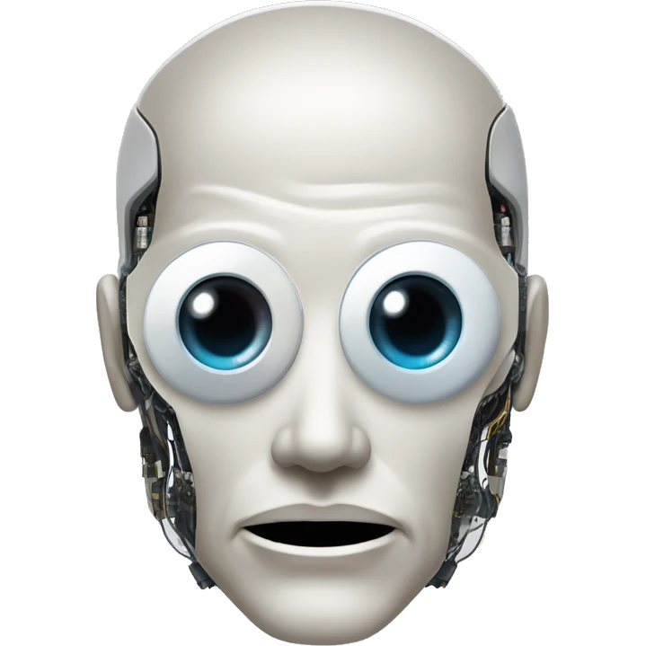 Flat white plating on cyborg head with  one artificial eyeball, circuitry, goatee emoji