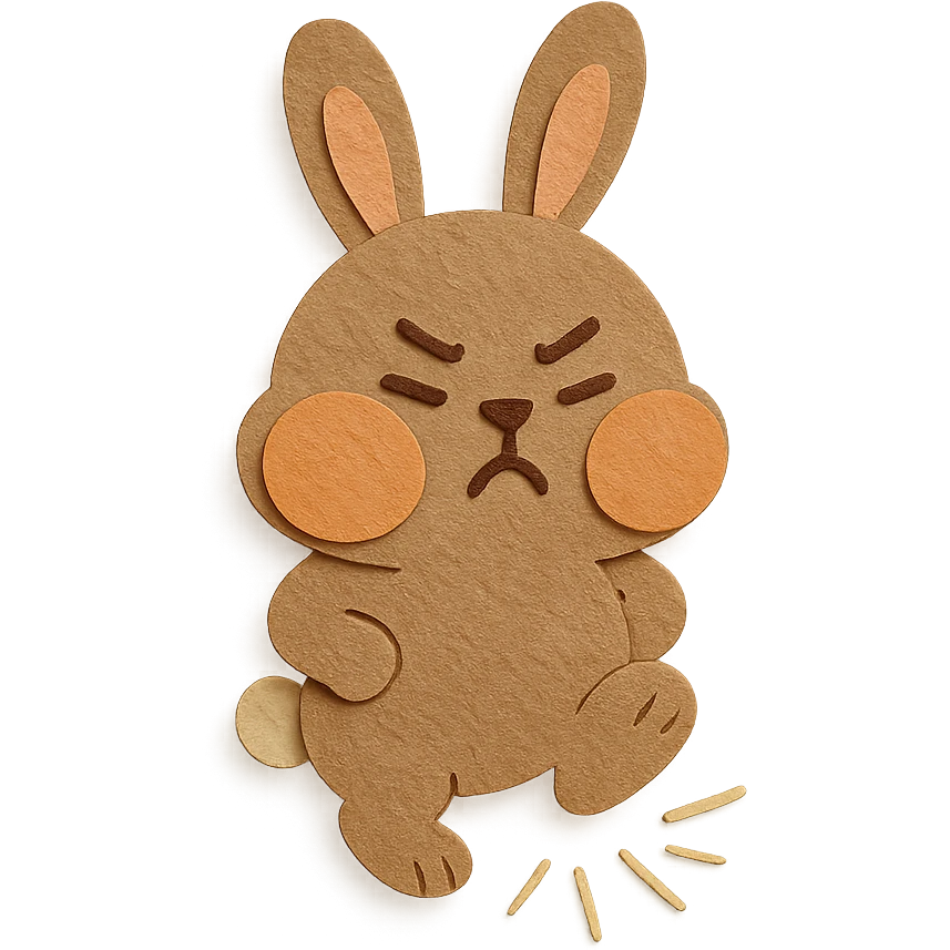 highly detailed, high quality paper craft style illustration of a mocha-colored bunny puffing its cheeks and stamping its foot, intricate textures, soft lighting, delicate cut-paper details emoji