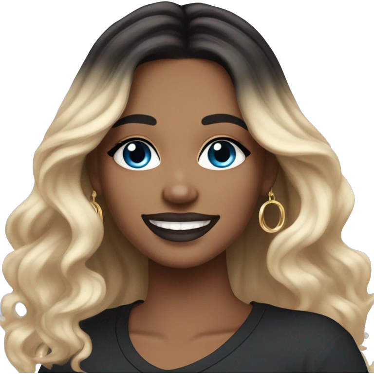 White-skinned adult woman, smiling, glitter drawings makeup on her face, blue eyes, long black-to-blonde ombre wavy hair, ring earrings, black T-shirt. emoji