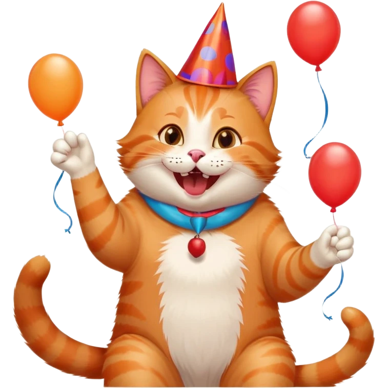cat laughing with friends, surrounded by balloons and snacks, college party scene emoji