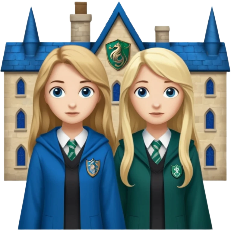 a pretty ravenclaw girl with long brown hair and blue eyes standing with a hot Slytherin girl with long blonde hair, blue eyes emoji