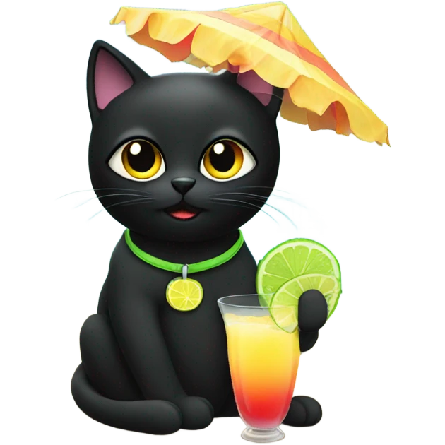 Black cat sitting on the beach drinking a margarita  emoji