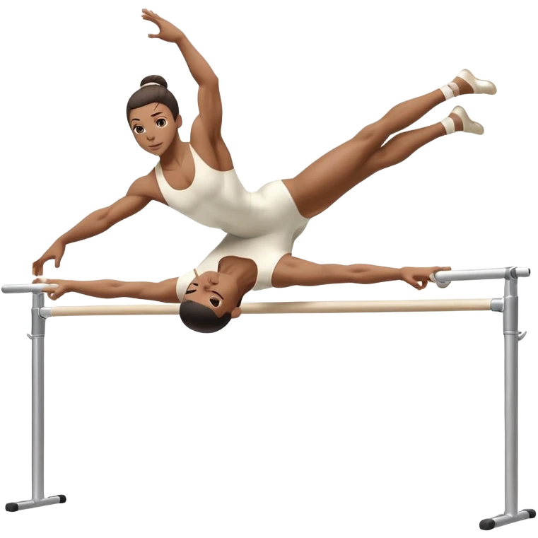 Professional gymnast performing a dynamic routine on parallel bars, captured mid-air in an elegant flip. The background features a well-lit gymnastics arena with a cheering audience. The athlete's posture and expression convey strength, control, and perfect coordination. emoji