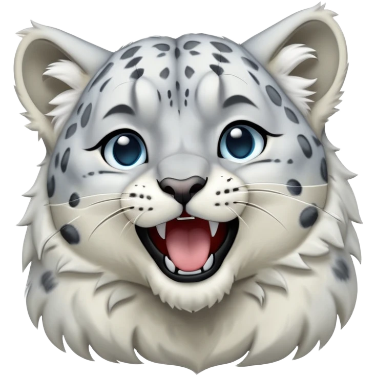 Cinematic-Cute-Yawning-Snow-Leopard-Portrait-Emoji – Head tilted slightly with a dramatic, wide-open yawn, revealing a plush white-and-grey coat with dark rosettes, fluffy ears slightly twitching, round icy blue eyes barely open in drowsy contentment. emoji