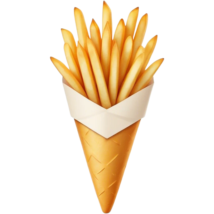 Belgian Fries Cinematic Realistic Belgian Fries Dish Emoji, depicted as a generous serving of crispy fries neatly presented in a white paper cone, rendered with vivid textures and appetizing, natural lighting. emoji