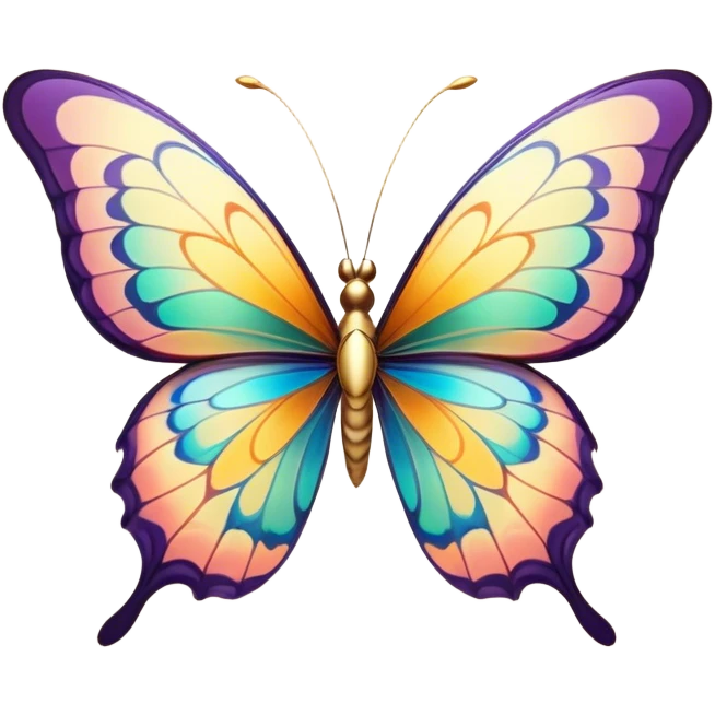 Cinematic Elegant Butterfly Portrait Emoji, Poised and ethereal, with delicate, intricately patterned wings in a kaleidoscope of soft, vibrant colors, a slender, graceful body, and gentle, observant eyes, Simplified yet exquisitely delicate features, highly detailed, glowing with a soft, radiant luminescence, high shine, intelligent and enchanting, stylized with an air of whimsical floral elegance, focused and poised, soft glowing outline, capturing the essence of a watchful butterfly that appears ready to flutter out of the screen with magical grace! emoji
