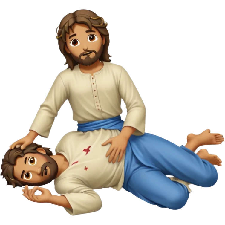 fullbody Jesus apostle in prone pose, alternate hairstyle, clear prone position, full body visible, apple emoji style emoji