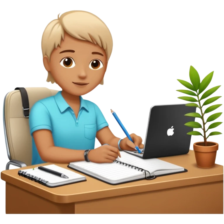 DE VACACIONES y detrás un escritorio moderno, con una notebook, una agenda y una planta con una flor emoji