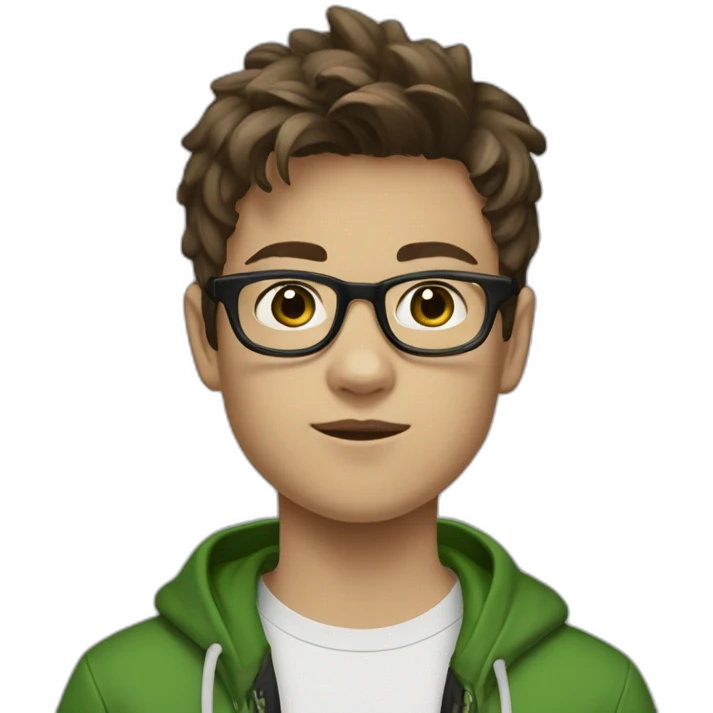 A 13 year old boy with brown hair and black square glasses standing and wearing baggy jeans and white sneakers and a green sweatshirt emoji