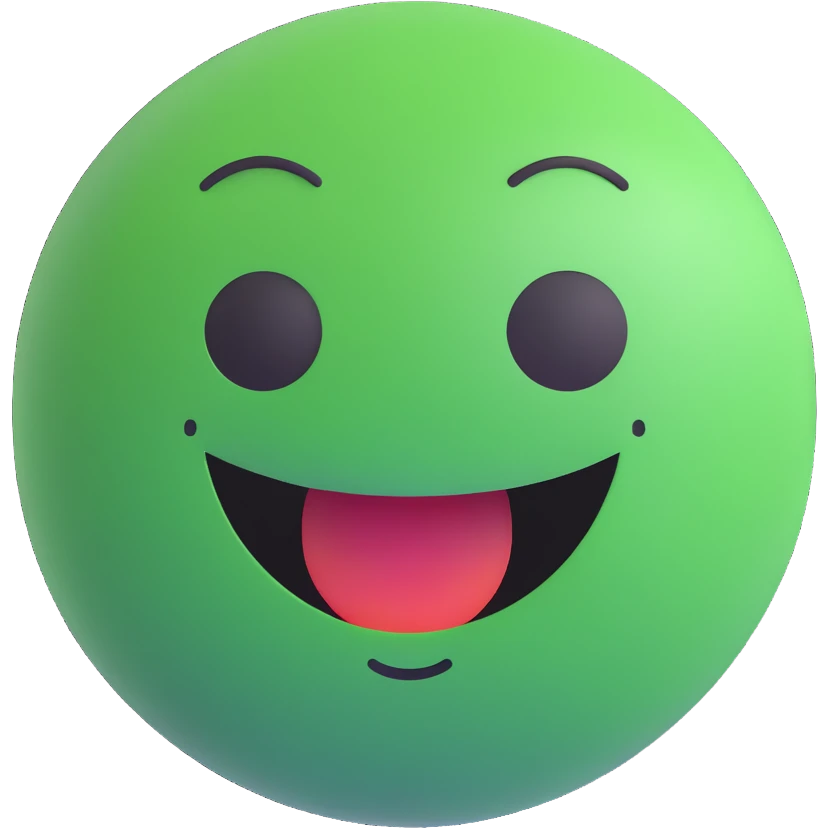 3D smiley emoji, round shape, green color, with text 'nyugi', calm face emoji