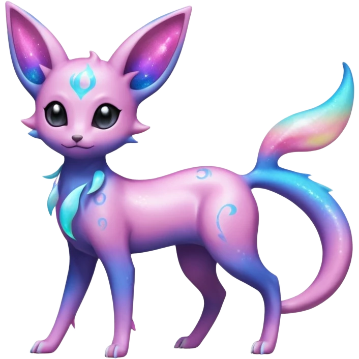 Shiny Iridescent Nebulae Espeon-Umbreon-Sylveon-Dragonair-Fakémon-hybrid-creature (full body)  with a galaxy-dust-flowing-gradient-tail emoji