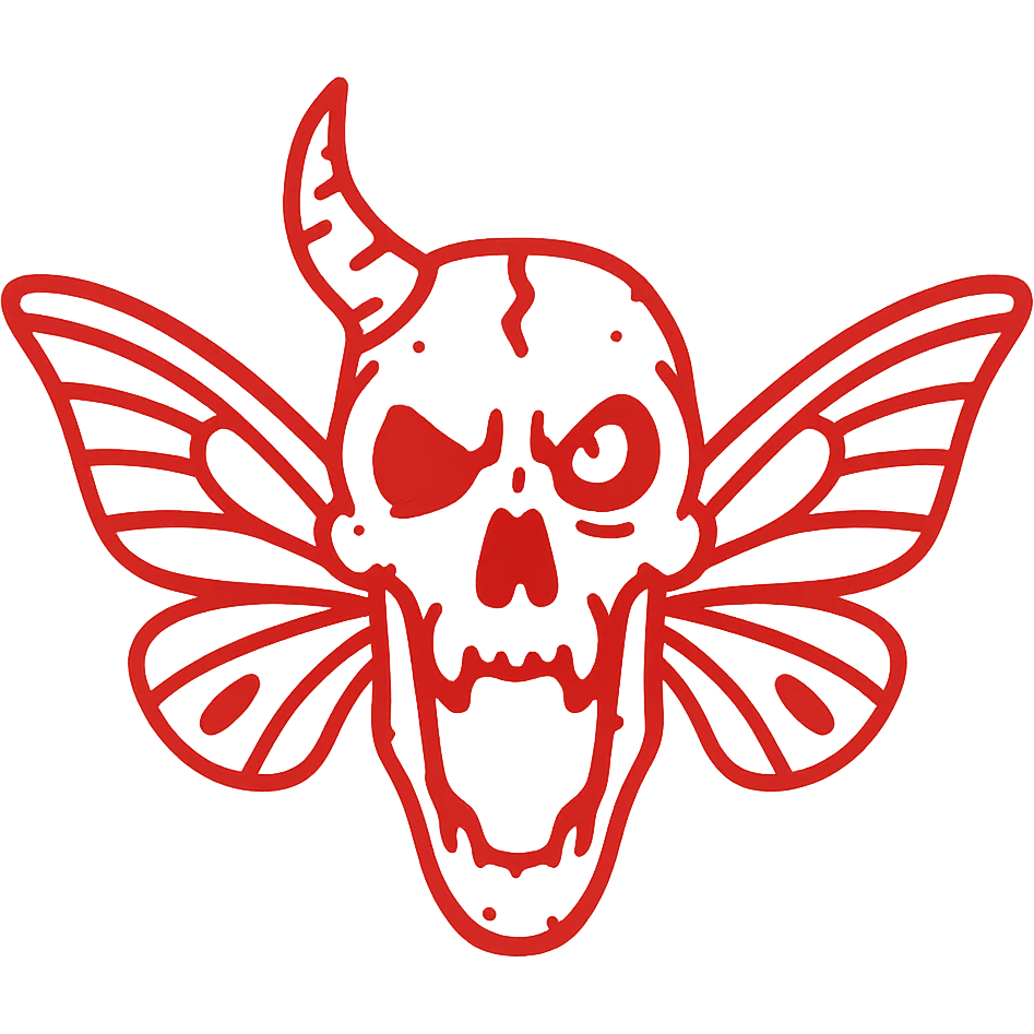extremely terrifying minimalist red line art of nightmarish minotaur-stoat skull with jagged broken horn and disturbing malevolent eye, twisted moth wings, hollow transparent middle, no frame of any kind, deeply unsettling asymmetrical features, subtle suggestion of gore, menacing minimal design, weathered edges with broken lines, 100% red emoji
